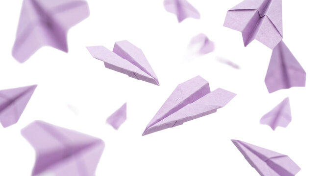 Many purple paper airplanes flying in a chaotic pattern against a white background