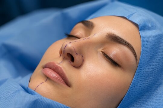 Woman patient with surgical markings on face prepared for rhinoplasty operation in hospital. Plastic surgery procedure to reshape nose. Medical healthcare concept for cosmetic correction.
