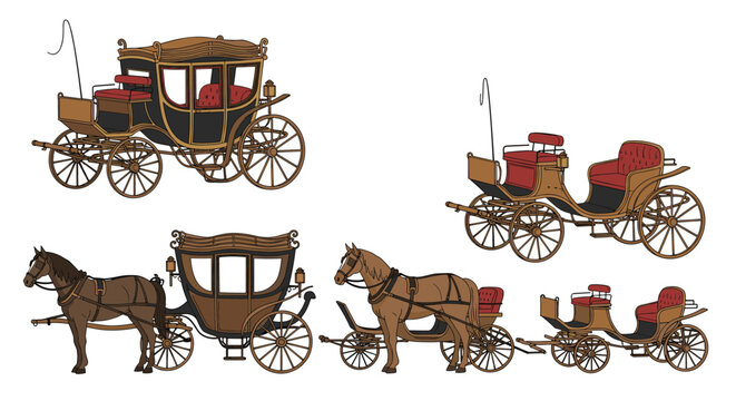 Collection of vintage horse-drawn carriages and classical wagons with traditional details isolated on white background.