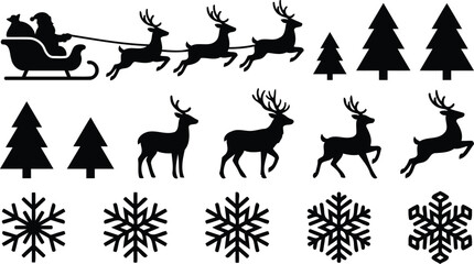 Christmas scene with santa claus reindeer and trees black silhouette © Sharmin