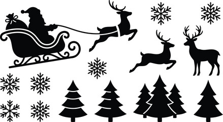 Christmas scene with santa claus reindeer and trees black silhouette © Sharmin