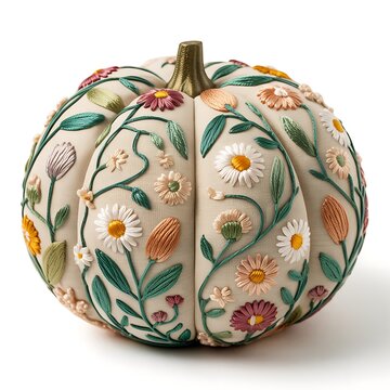 Decorative Embroidered Pumpkin With Floral Designs And Vines Pattern
