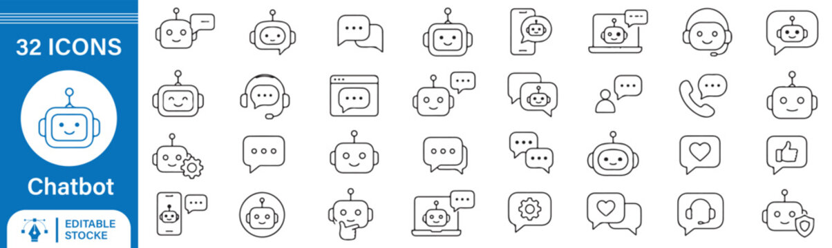 32 Chatbot Outline Icons Vector Set for AI Assistant, Customer Support, Live Chat & Conversational AI