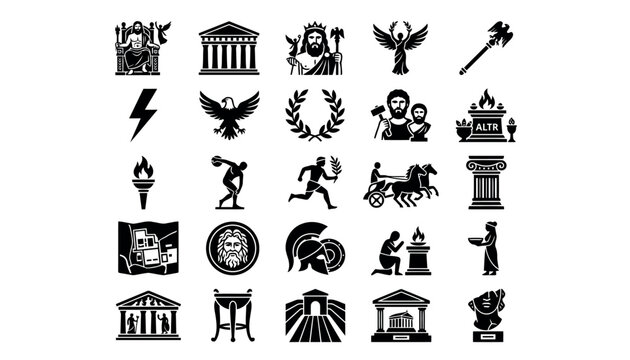 Collection of Greek mythology icons and symbols.