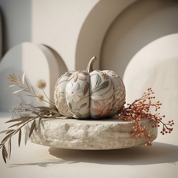 Decorative Pumpkin with Floral Design on Neutral Stone Tray