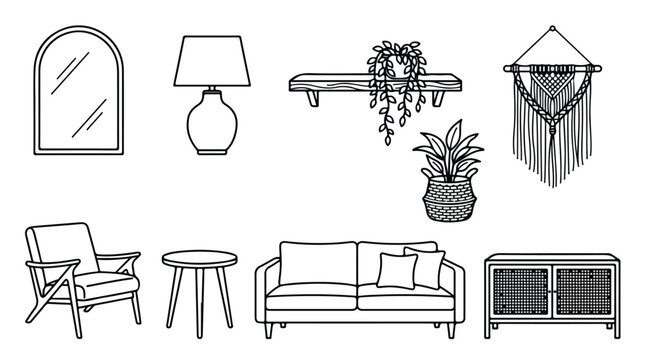Minimalist Line Art Home Decor Set: Armchair, Sofa, Table, Lamp, Mirror, Shelf, Plants, Macrame Wall Hanging, Cabinet