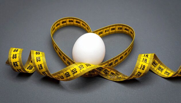White egg inside heart shape created by yellow measuring tape on gray background with measuring nutrition calories wellness