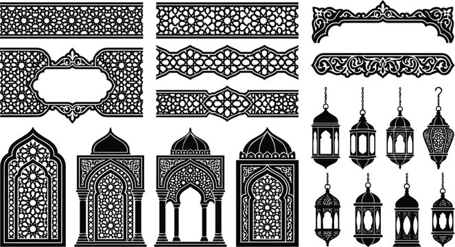 Intricate arabesque patterns and islamic architecture elements in black silhouette
