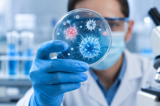 Scientist Holding Petri Dish with Virus and Bacteria Cells for Biomedical Research