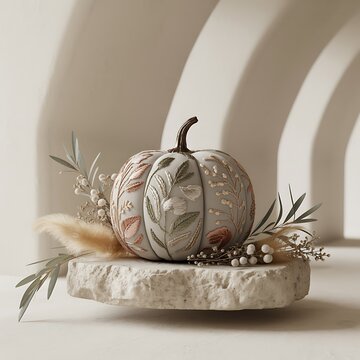 Decorative Pumpkin with Floral Designs on Rustic Concrete Base Display