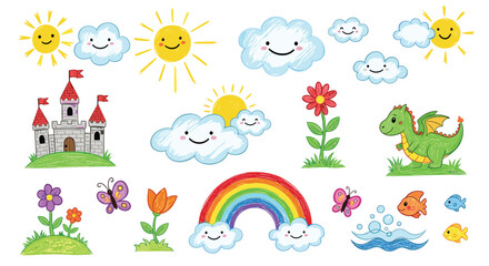 Fototapeta premium Collection of cute hand-drawn style children illustrations featuring happy suns, smiling clouds, a castle, rainbow, and a green dragon.
