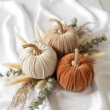 Decorative velvet pumpkins with natural dried greenery arrangement on cloth
