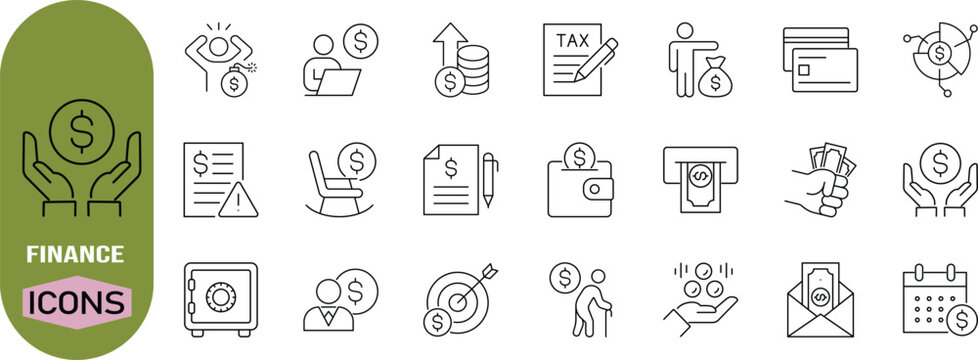 Financial banking money management icons. money icon set, wallet icon set, card icon set