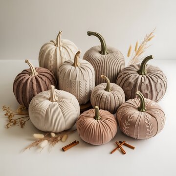 Elegant knitted pumpkins with autumnal decorative elements arranged together