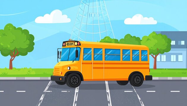 Bright orange school bus driving on sunny suburban road.
