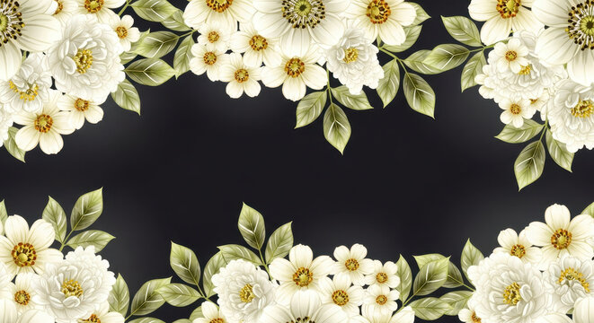 A delicate arrangement of white flowers and green leaves on a dark grey background with warm