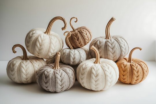 Handmade knitted pumpkins with gold metal stems arranged creatively