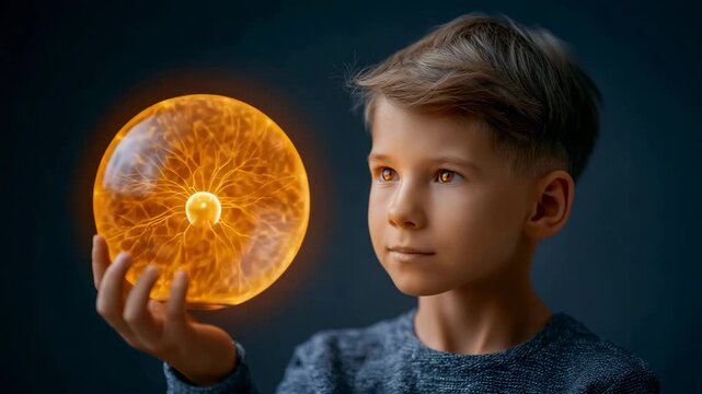 Boy Touching Glowing Plasma Ball in Dark Room