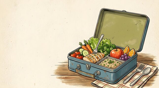 Healthy Lunch Box Components with Chicken Rice and Fresh Produce
