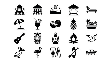 Collection of Tropical Vacation and Summer Holiday Vector Icons Featuring Beach Elements and Island Travel Symbols © Hafiz | Adobe Stock
