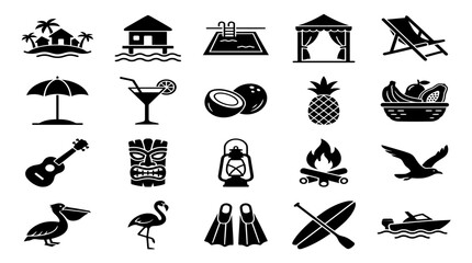 Black and White Tropical Vacation Icons Set Featuring Beach Accessories and Summer Wildlife Elements © Hafiz | Adobe Stock