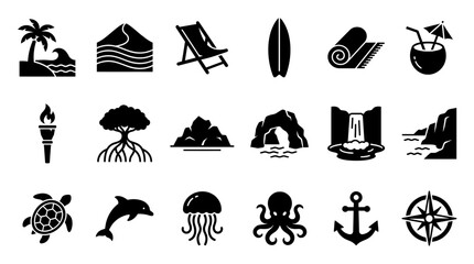 Obraz premium Set of Black Silhouette Tropical Island Ocean Life and Vacation Travel Icons for Summer Beach Holiday Design