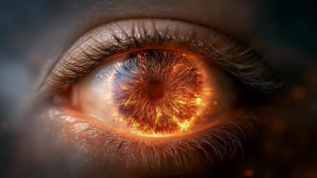 Glowing Fiery Magic Eye with Flame Textures Closeup