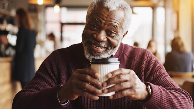 Smiling senior African American man with dark skin sits in a cafe holding a coffee cup and wearing a maroon sweater.