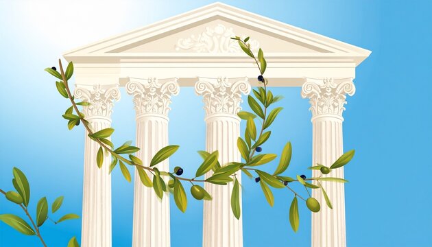 Classical white temple with olive branches against blue sky.