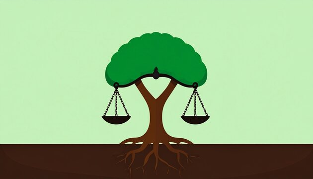 Balance scale with green leaf on wooden base.