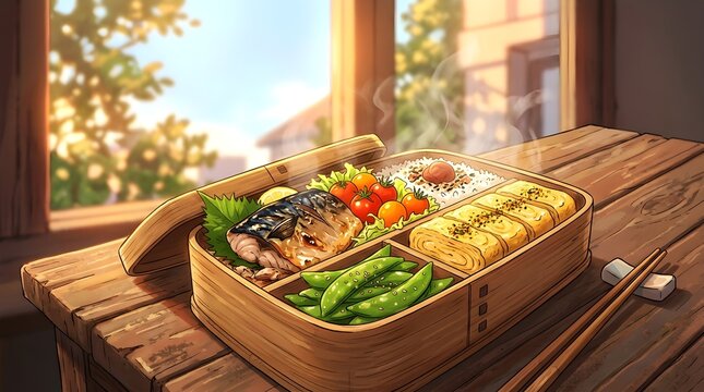Healthy Lunch Box Components in Traditional Japanese Bento