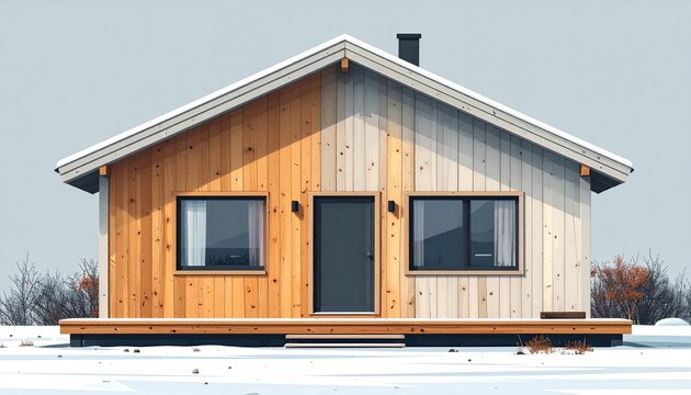 Modern log cabin house with large windows in winter.