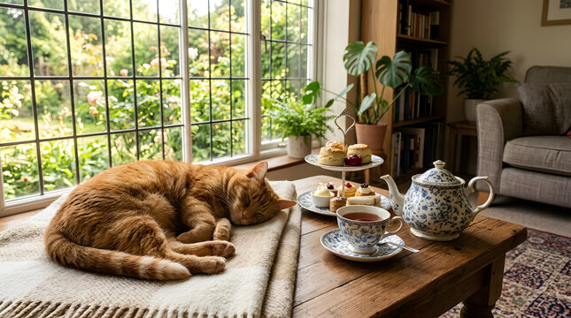 Cozy ginger cat relaxing inside next to afternoon tea set on table by garden window