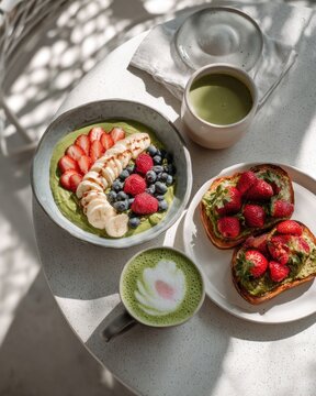 Bright overhead shot of a table setting with green matcha drinks, smoothie bowl with berries and fruit toast