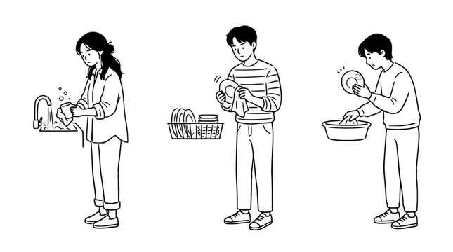 A trio of characters engaging in various household chores, showcasing teamwork and the importance of sharing responsibilities in daily life while staying organized and cooperative.