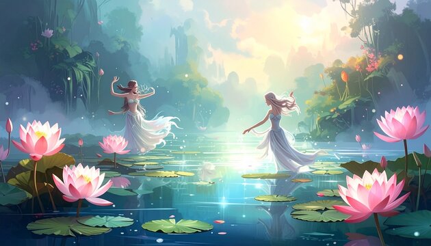 Ethereal fairy floating over blooming water lily pond at twilight.