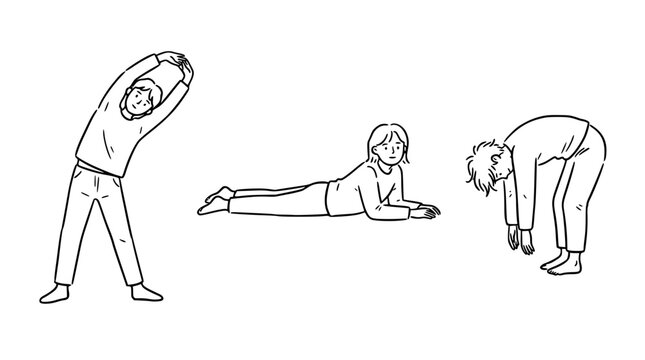 This illustration focuses on physical well-being through healthy stretching practices, showcasing individuals engaged in various stretching exercises in a serene environment.