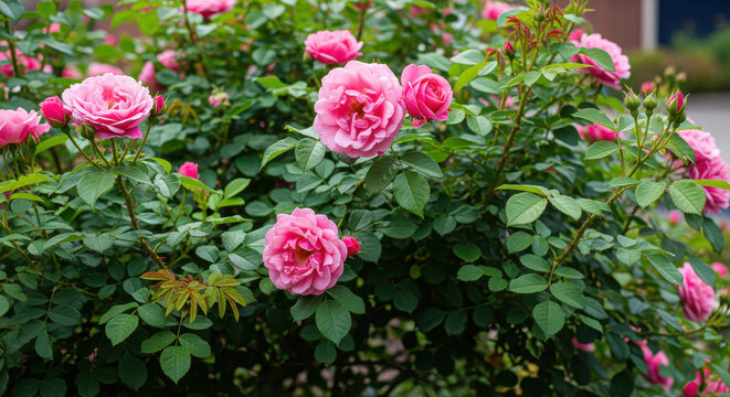 A close-up of a beautiful pink rose bush in full bloom with vibrant green leaves on a bright sunny