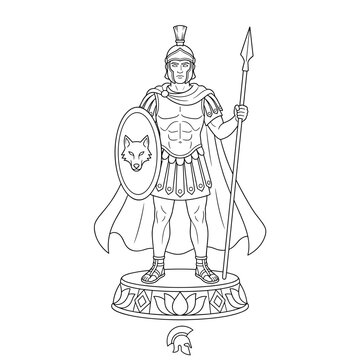 Roman soldier line art illustration with wolf shield emblem