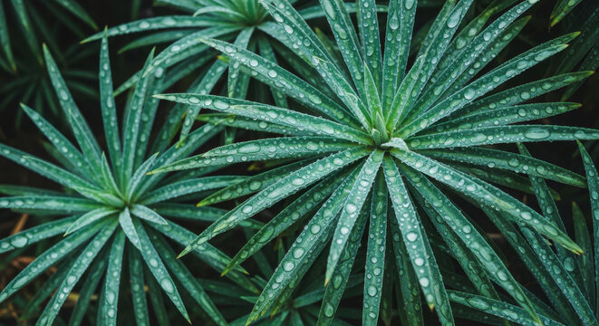 A close-up of a succulent plant in a desert garden with water droplets on its leaves and a warm