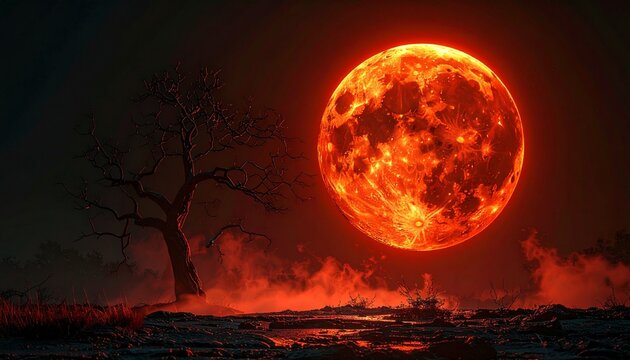 Dramatic red supermoon setting behind silhouetted dead tree with landscape astronomy dramatic silhouette supermoon