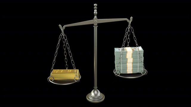 Gold bar vs dollar stacks balance scale &ndash; 3d render looped with alpha channel.