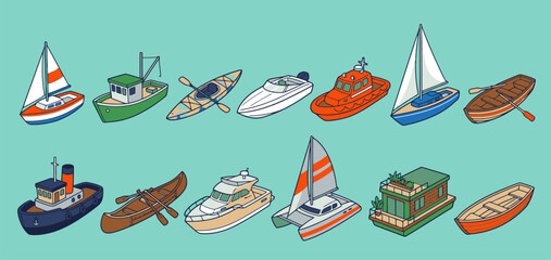 Assorted Boats And Watercraft A Colorful Vector Illustration Collection aquatic © abir