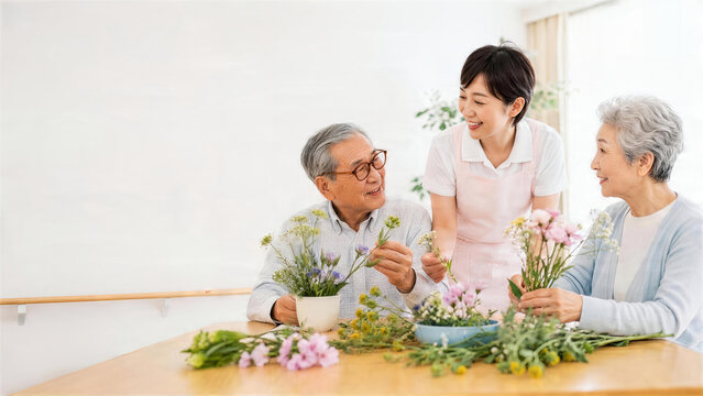 介護施設で高齢者と花を生ける女性スタッフ