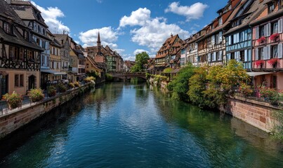 Obraz premium Picturesque European canal scene with colorful buildings, bridge, and clear sky