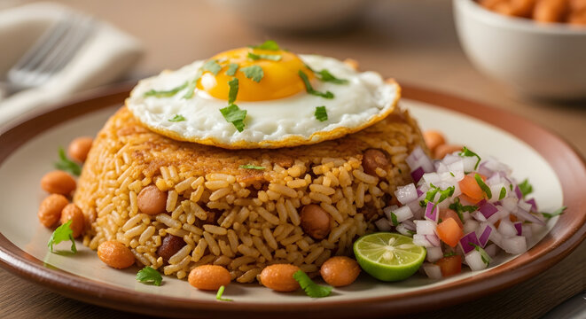 Rice bowl topped with a fried egg and fresh pico de gallo offers a savory and colorful meal option.