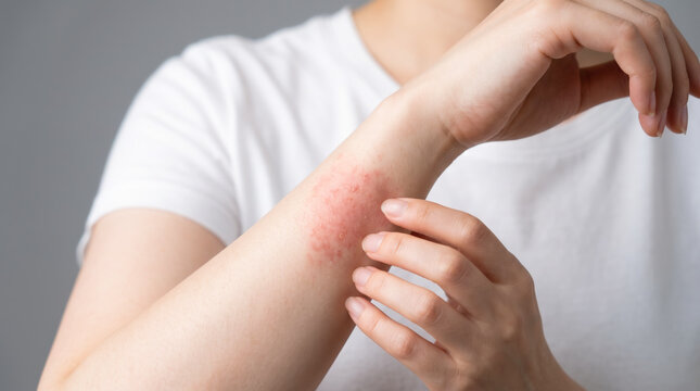 女性の腕にできたひどい湿疹やかぶれ ひじの赤みやかゆみに悩む肌荒れイメージ
