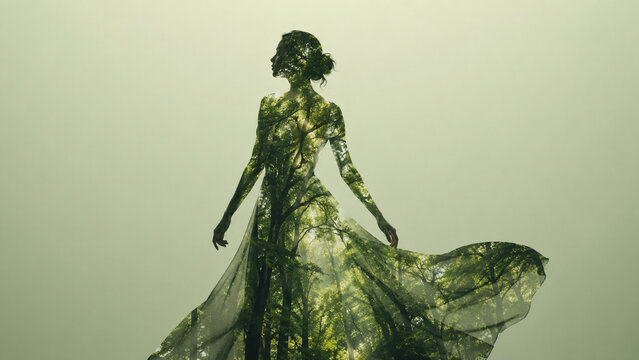 Eco-friendly silhouette of a young woman filled with green plants against a green background.