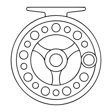 Hand-drawn minimalist vector icon illustration of a classic fly fishing reel, clean black outline line art, scalable graphic for angling, outdoor sport and hobby design projects for enthusiasts and