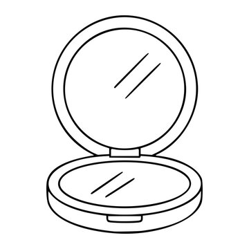 Open compact mirror vector illustration with elegant minimalist line art powder case detail. Hand drawn beauty accessory icon outline. Scalable cosmetic product symbol for makeup design.